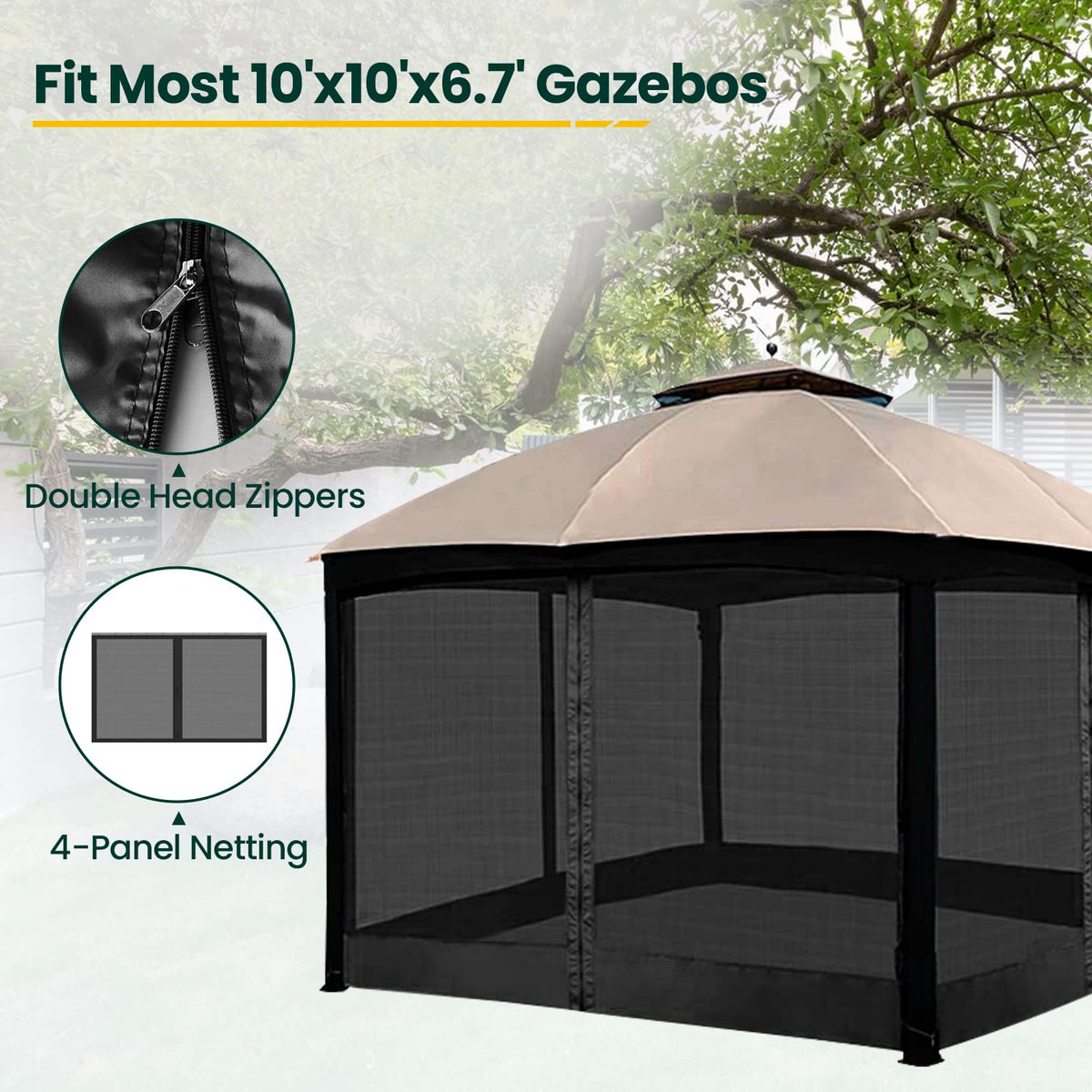 OLILAWN 10x10 replacement netting fits most gazebos, providing secure panels and good ventilation