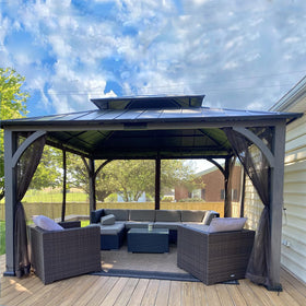 OLILAWN Black 10x10 mesh netting blends with outdoor spaces while enabling airflow