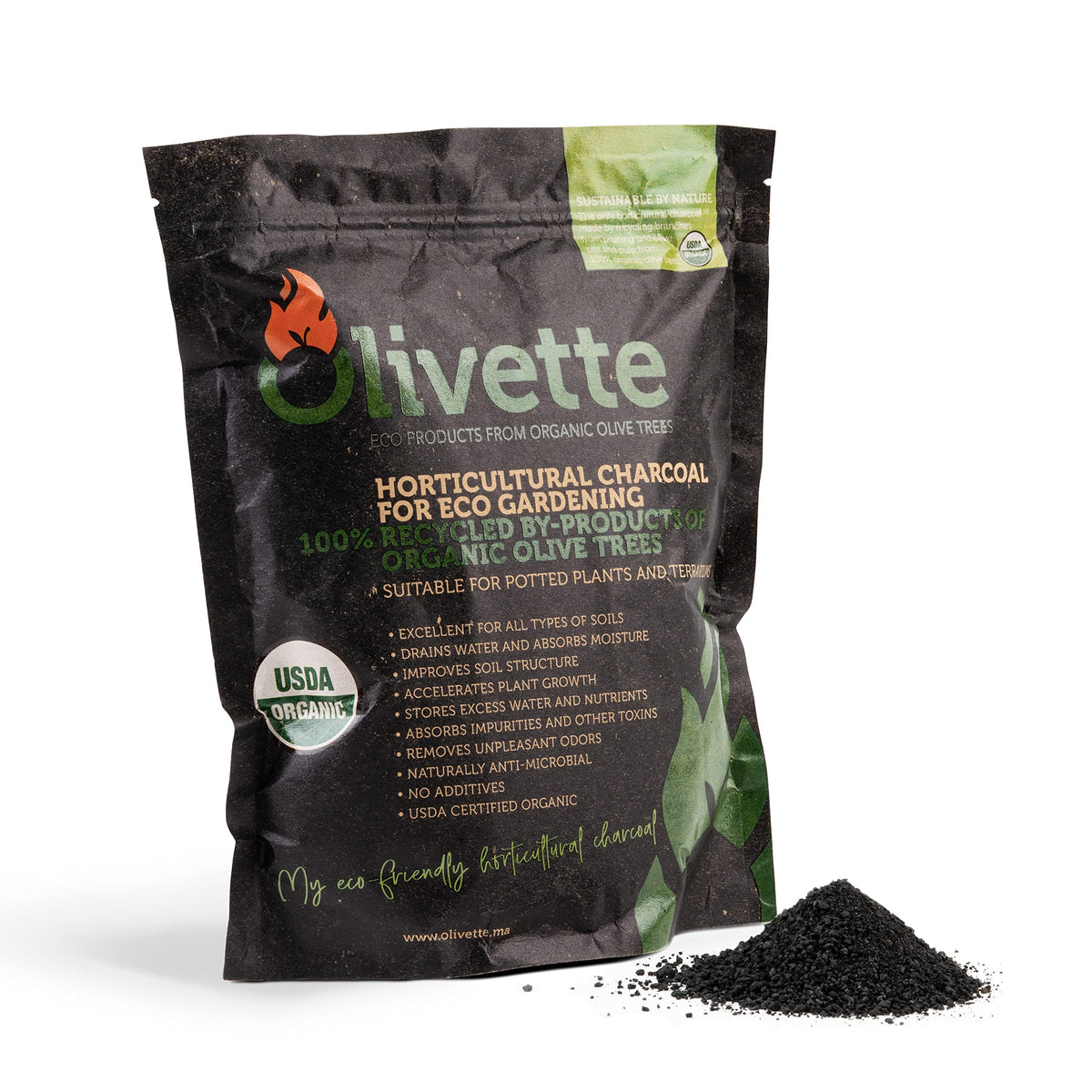 Olivette biochar activated charcoal soil amendment enhances moisture balance for indoor potted plants.