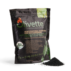 Olivette biochar activated charcoal soil amendment enhances moisture balance for indoor potted plants.
