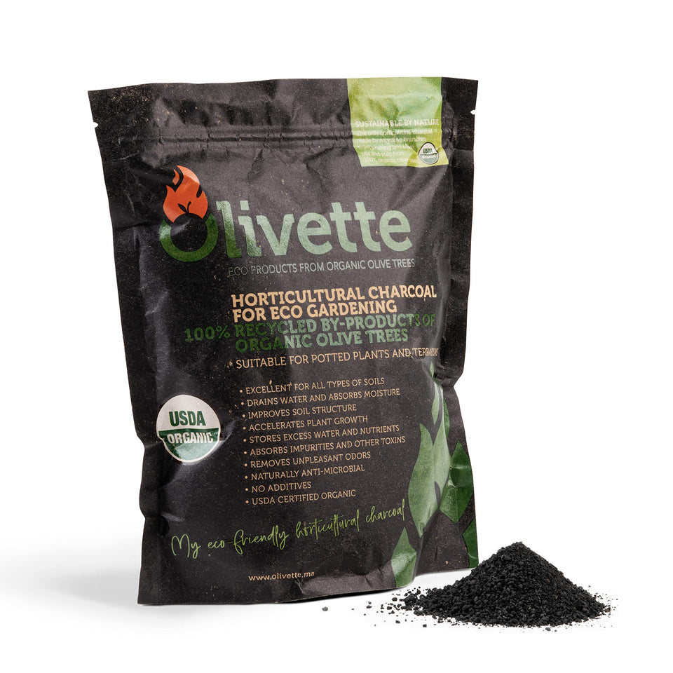 Olivette biochar activated charcoal soil amendment enhances moisture balance for indoor potted plants.