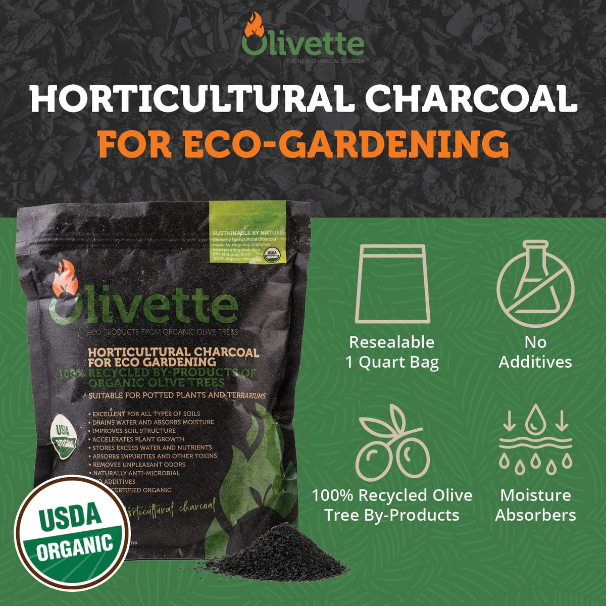 Olivette biochar terrarium soil improves moisture management for terrarium trees.