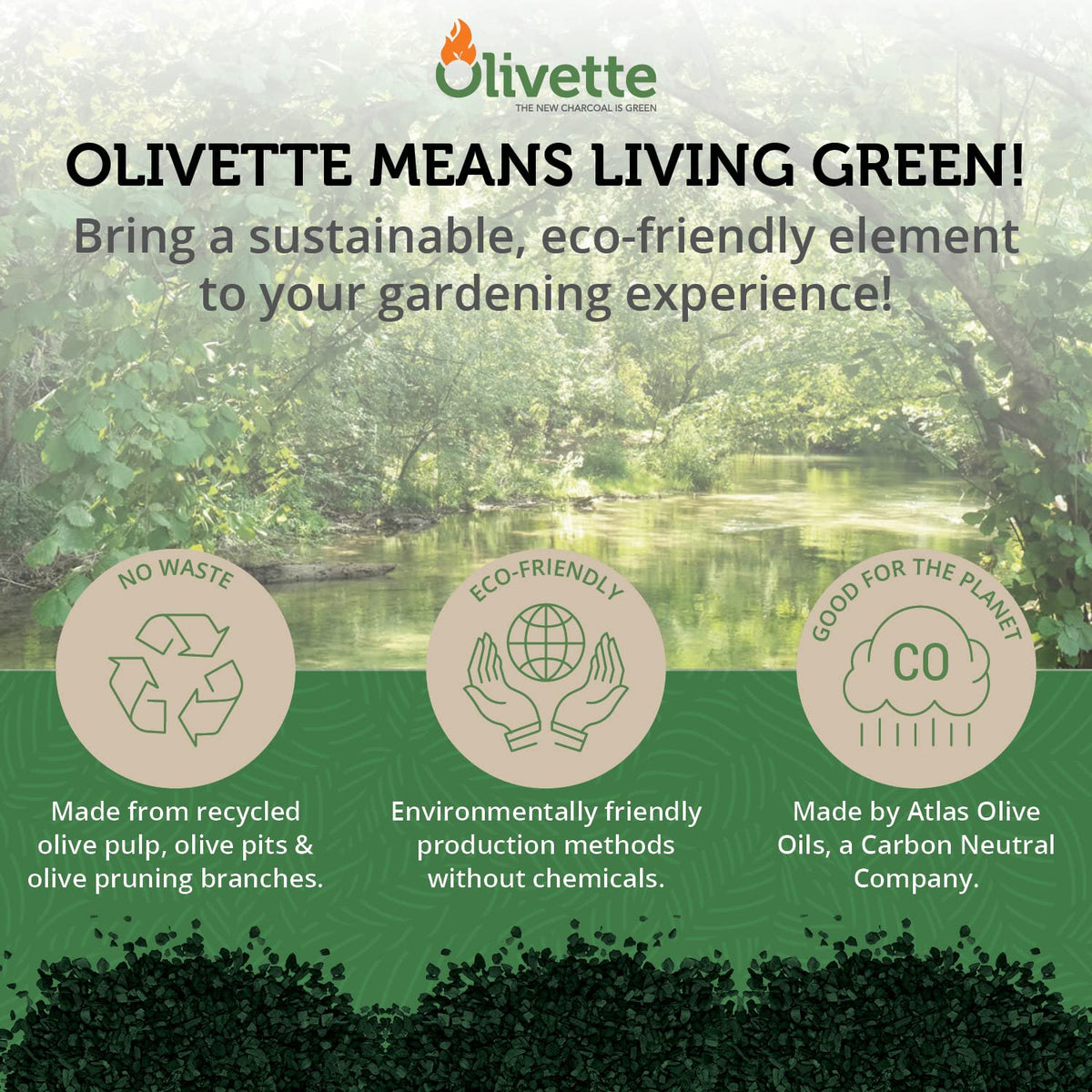 Olivette eco-friendly activated charcoal helps maintain drainage and nutrient balance.
