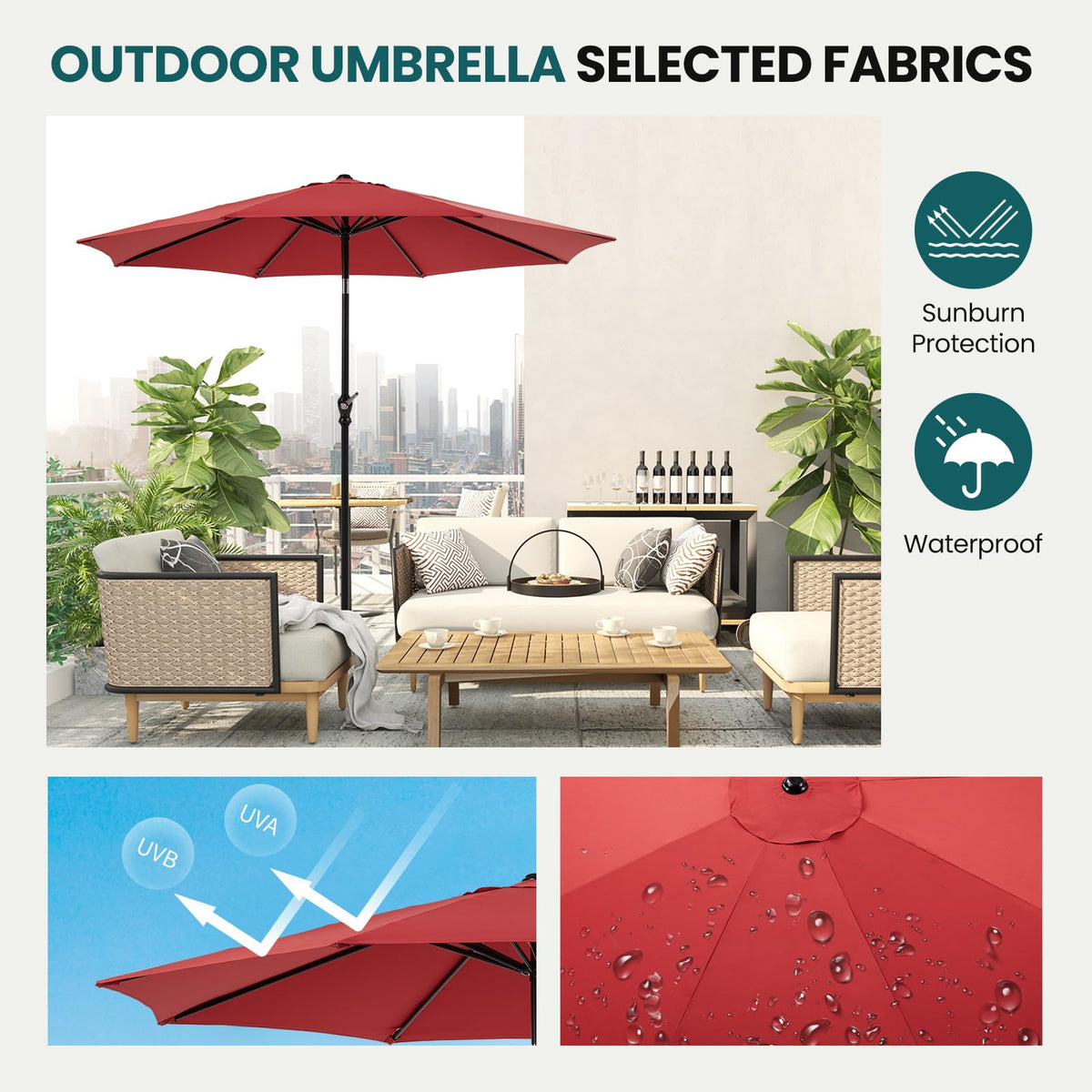 OLIXIS outdoor umbrella showing vented canopy for cooler airflow outdoors.