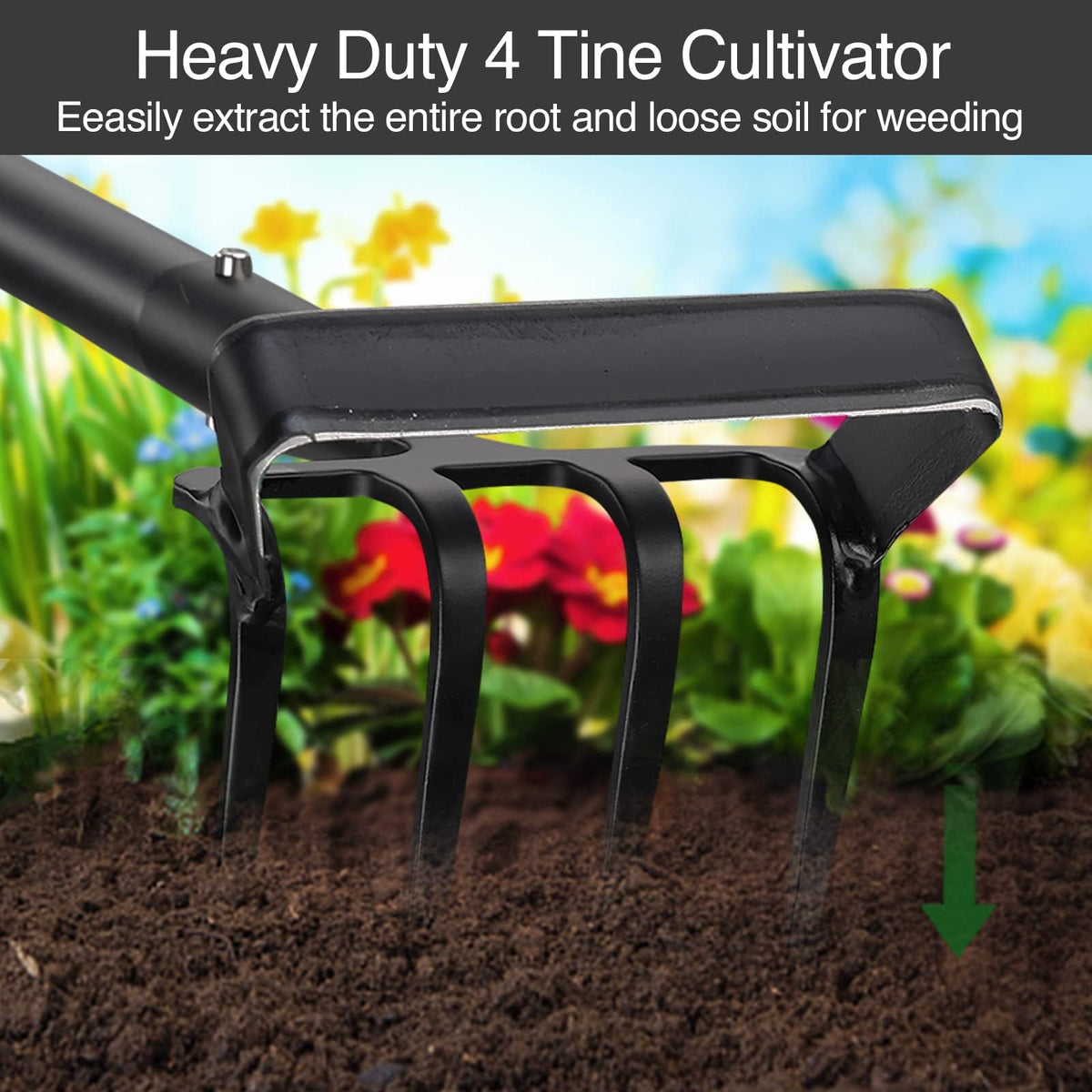 Oliynedy 4-tine cultivator digs deep to extract roots in overgrown flower beds.