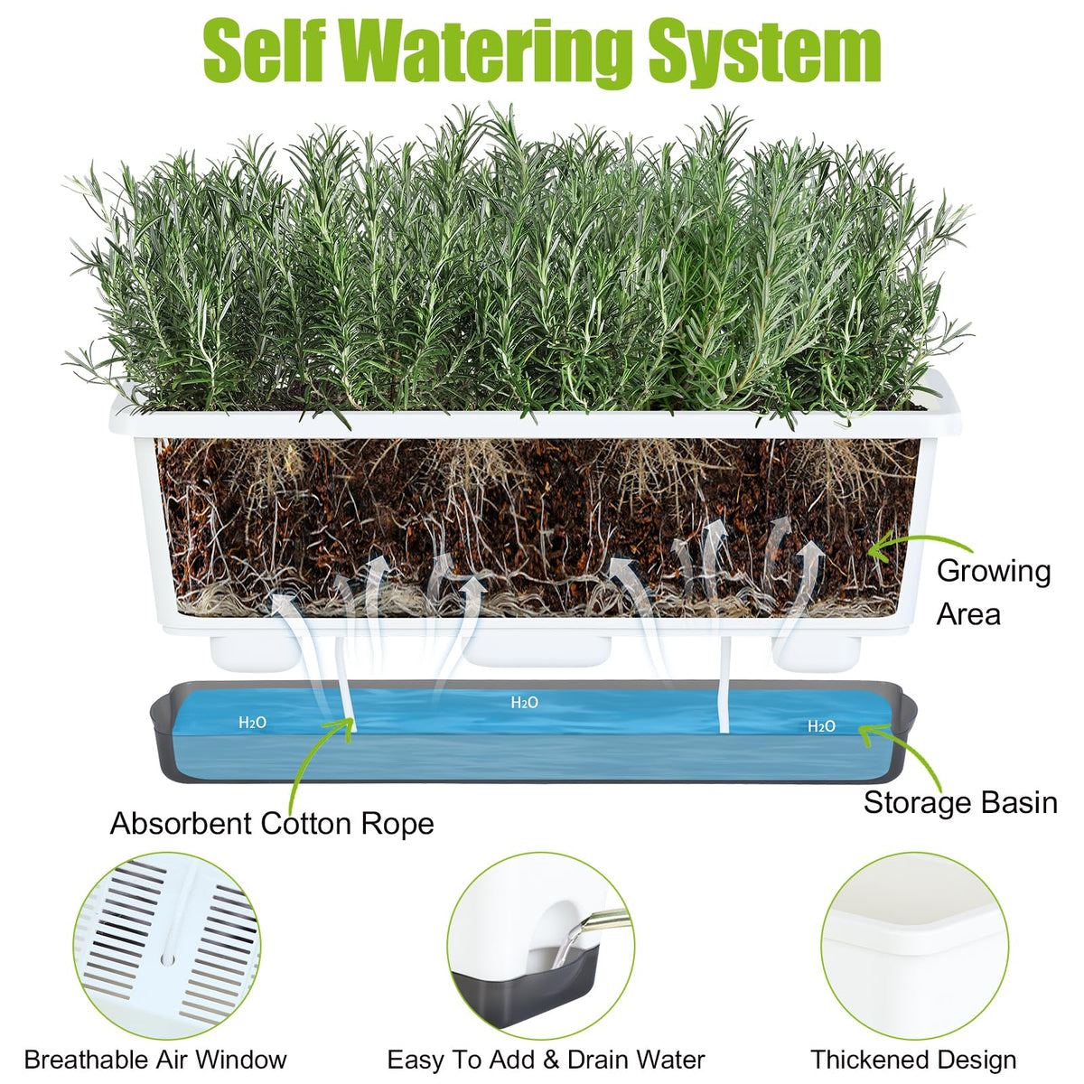 Oliz Window Box Planter 4 Pack demonstrating cotton rope wicking system
