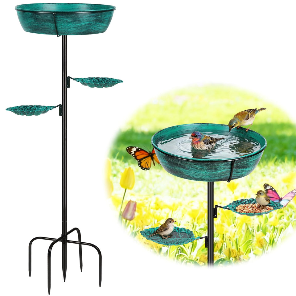 Olpchee metal bird bath in green with a sturdy base for windy outdoor stability