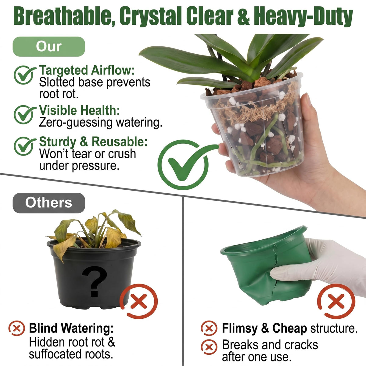 Olsury heavy-duty plastic nursery pot withstands repotting without cracking.