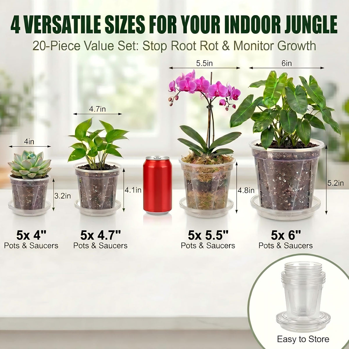 Olsury clear pot balances moisture with bottom vents for drainage.