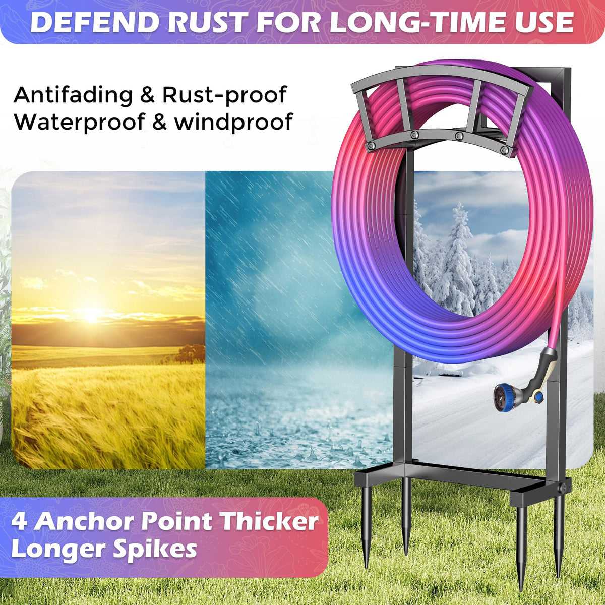 OLV 150-foot capacity hose holder keeps long hoses tidy.