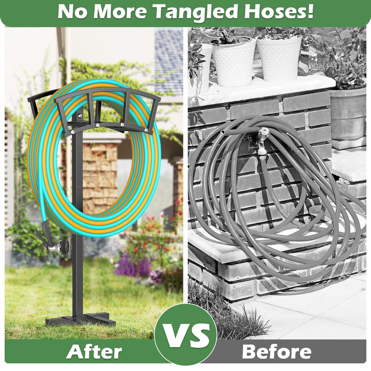 OLV decorative design blends with backyard aesthetics while organizing hoses.