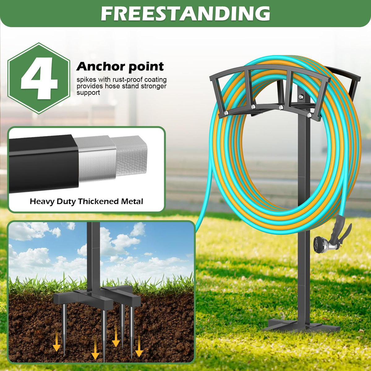 OLV detachable freestanding hose stand is easy to move and store.
