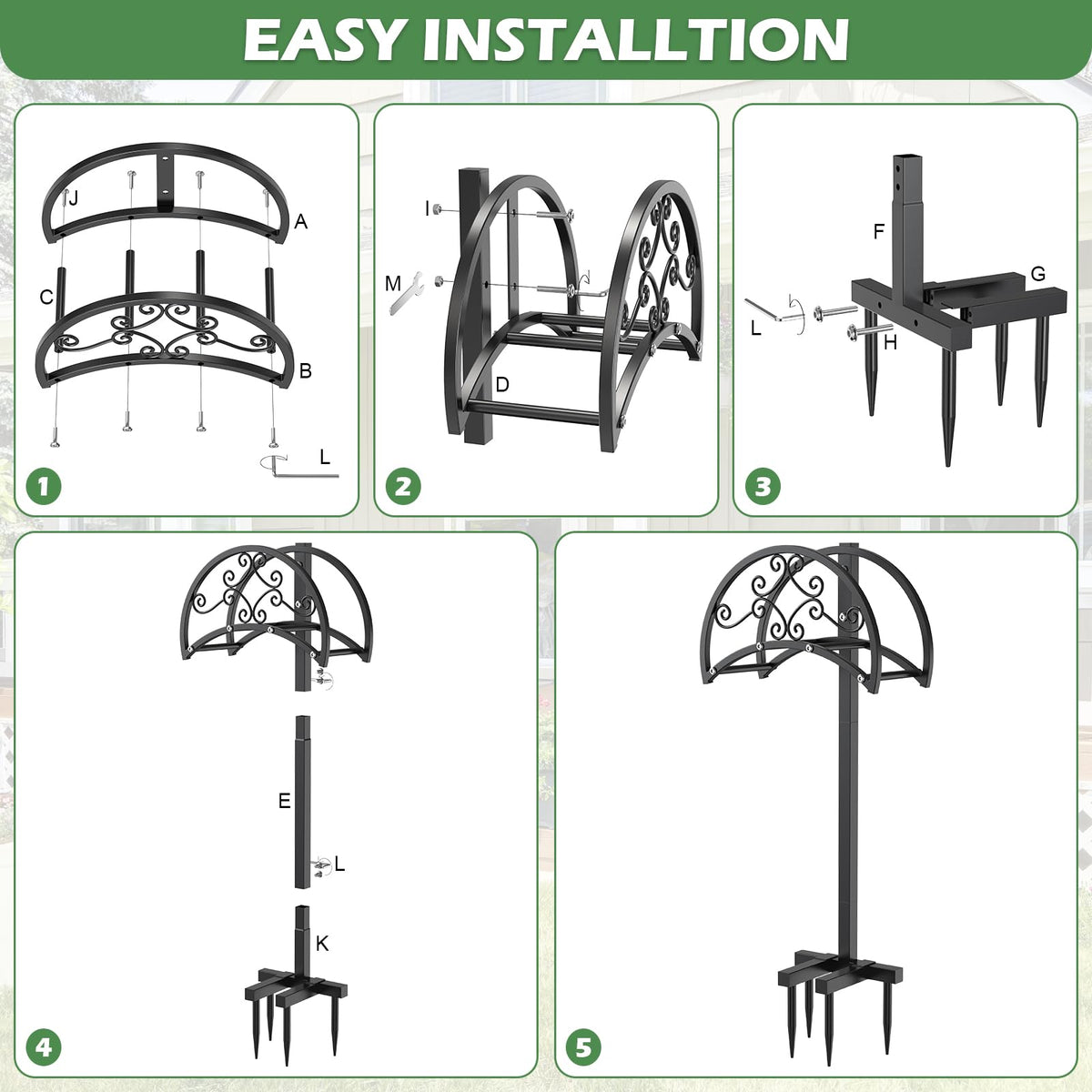 OLV freestanding hose holder fits anywhere in the yard without damaging surfaces