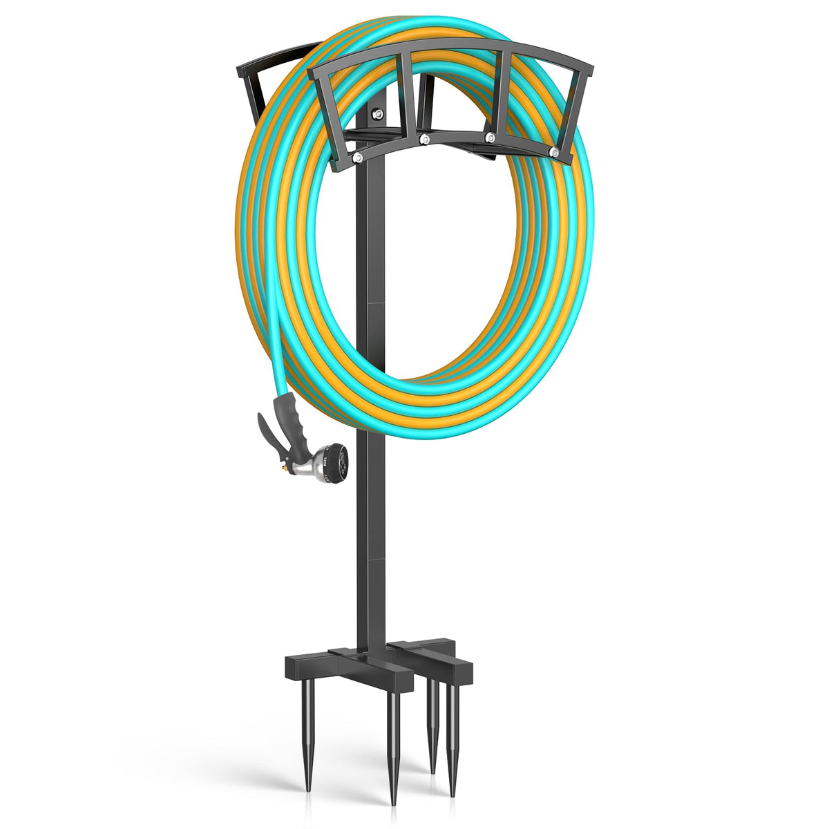 OLV garden hose holder with four spikes provides ground stability for long hoses.