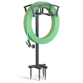 OLV garden hose holder with four spikes provides ground stability for long hoses.