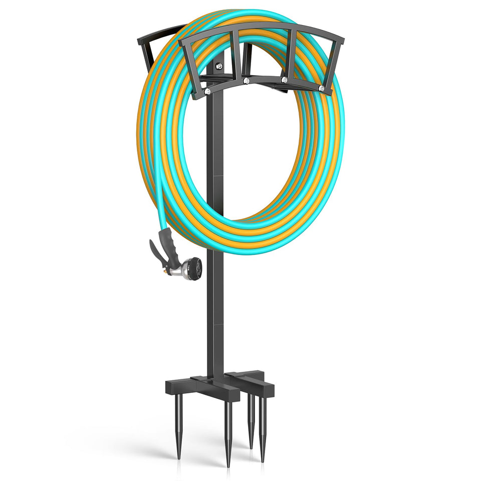 OLV garden hose holder with four spikes provides ground stability for long hoses.