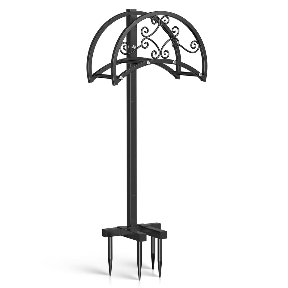 OLV garden hose holder with four spikes stabilizes in soil for a secure setup