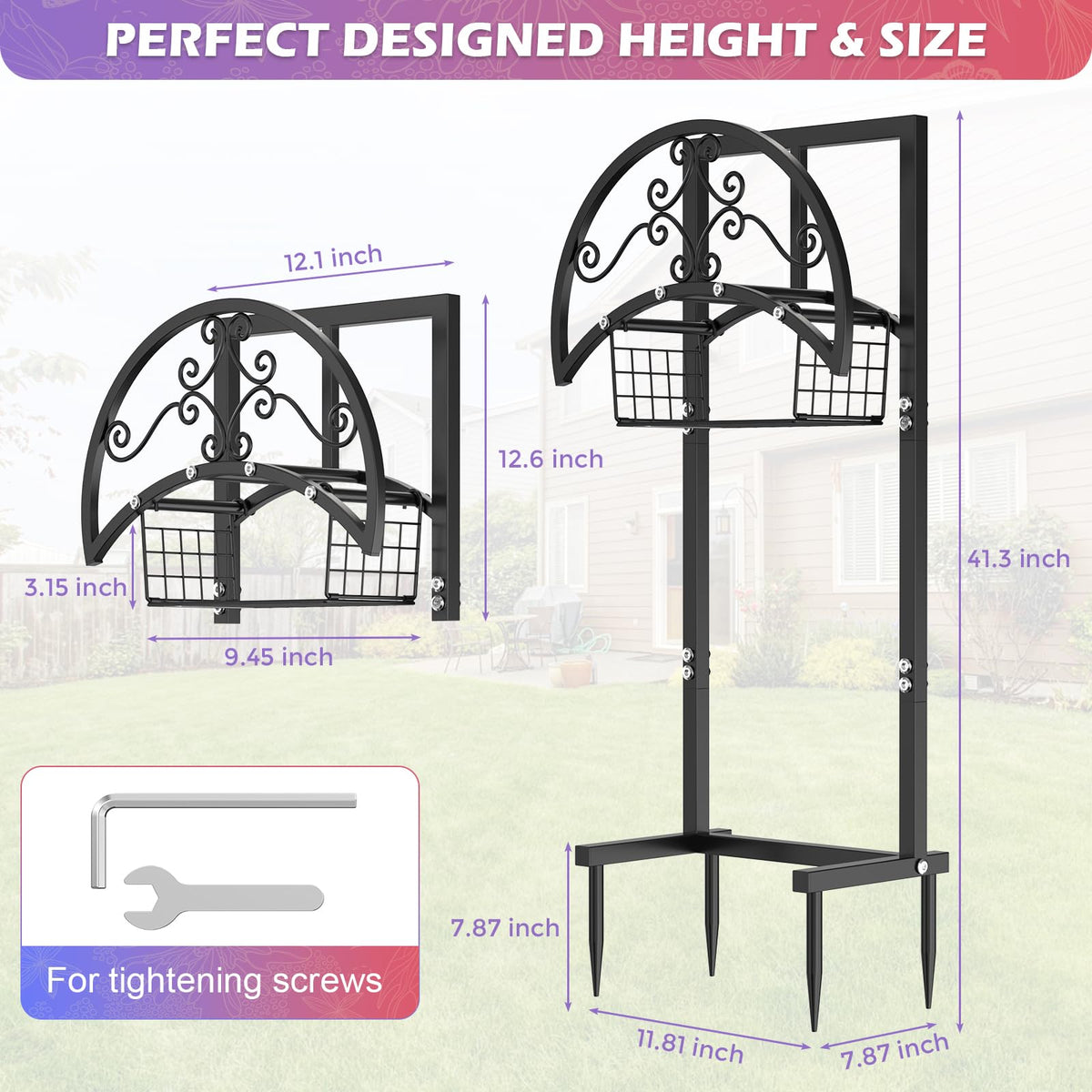 OLV garden hose holder placed in an outdoor yard for organized hose storage.