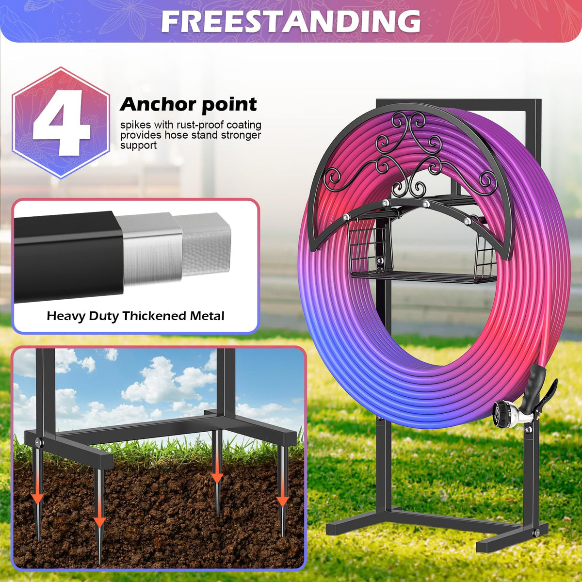 OLV garden hose holder features rustproof coating for outdoor longevity.