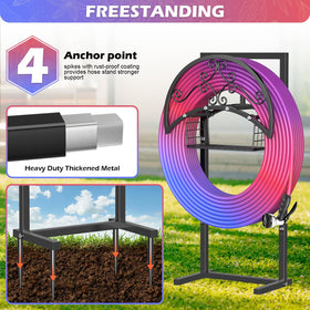 OLV garden hose holder features rustproof coating for outdoor longevity.