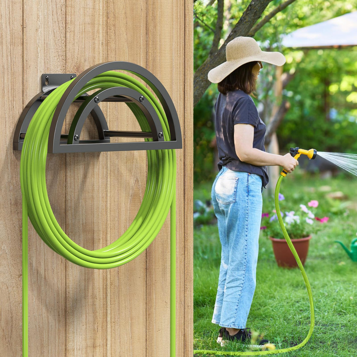 OLV heavy-duty hose holder metal frame endures frequent outdoor use.