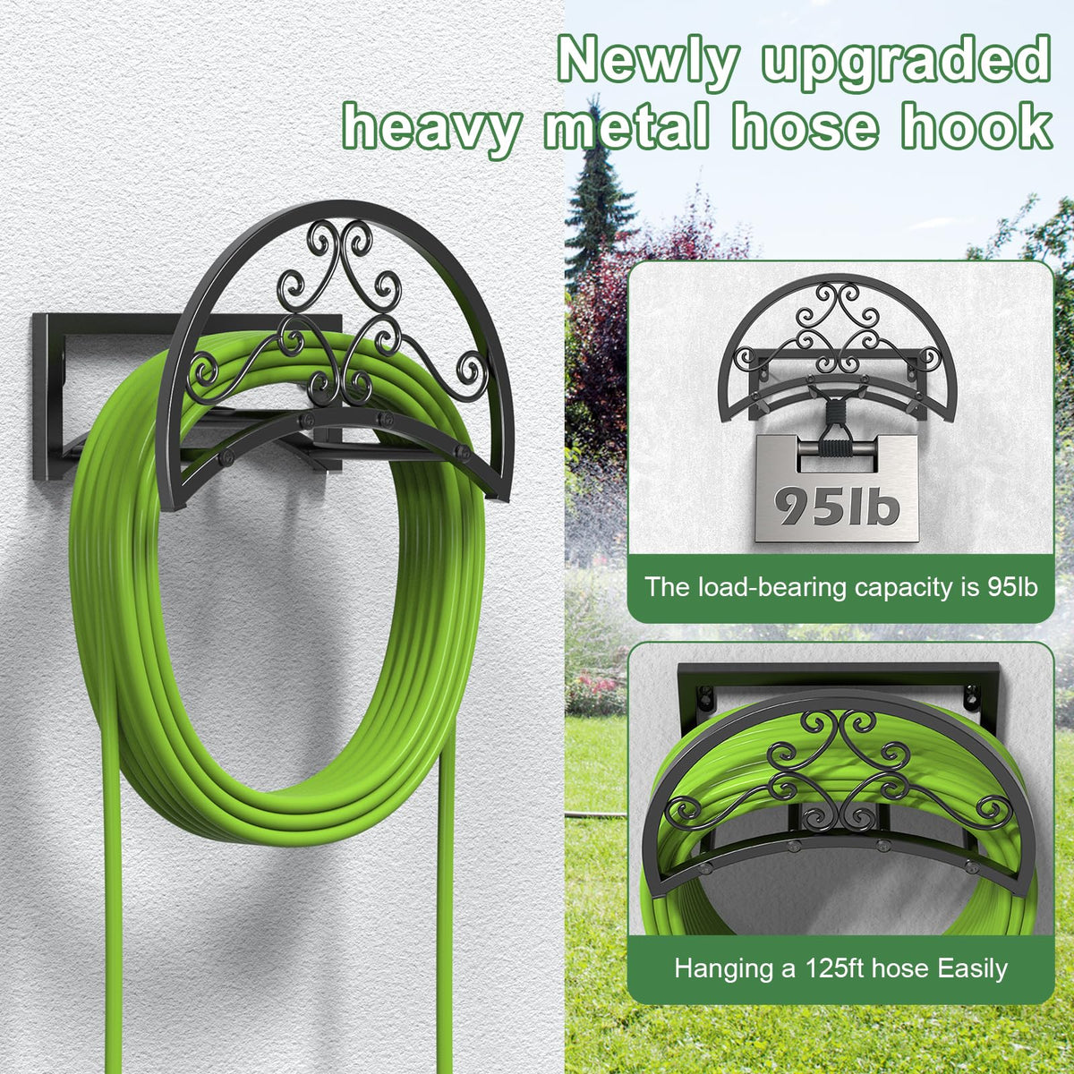 OLV heavy-duty metal hose holder with detachable design for easy storage.