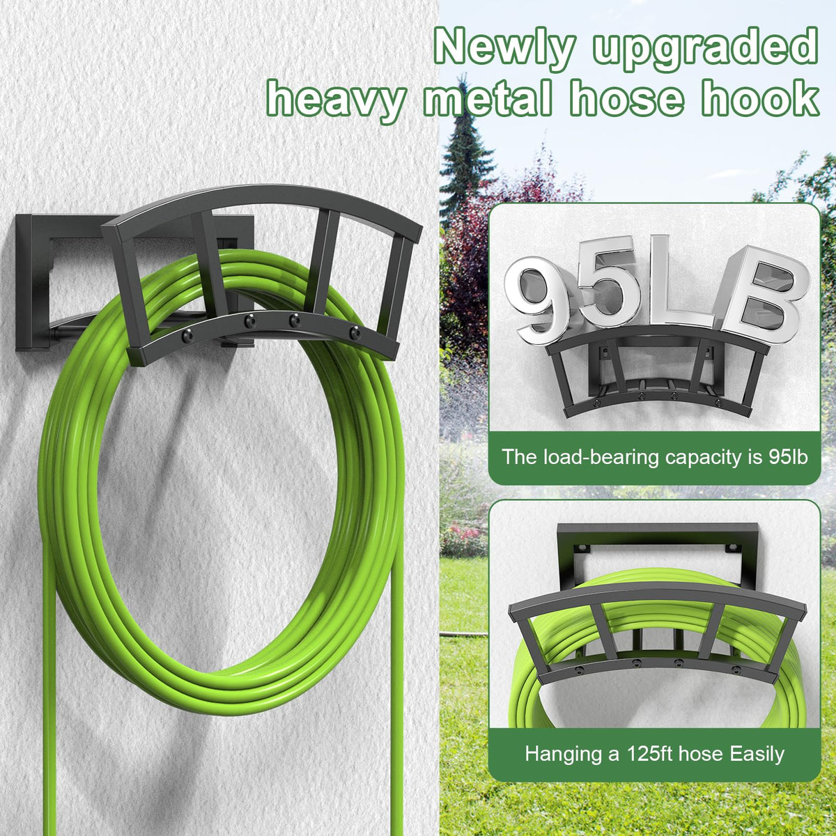 OLV heavy-duty metal hose holder shows sturdy construction for long life.