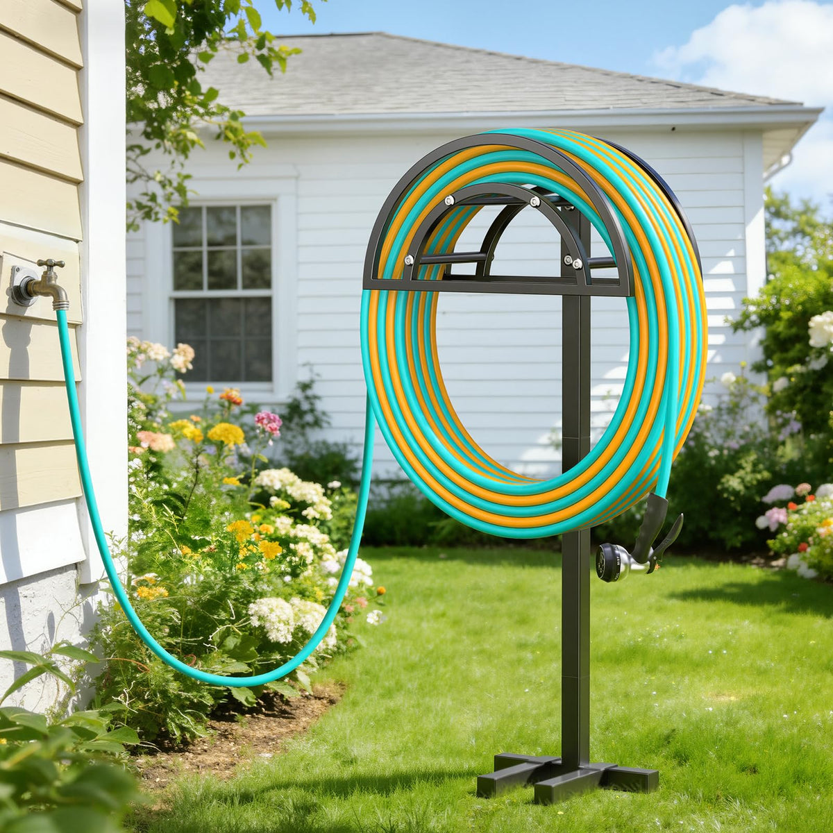 OLV outdoor hose holder in a yard setup enhancing organization