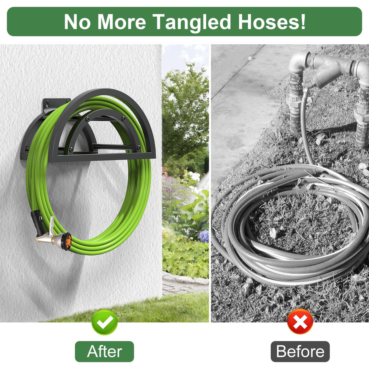 OLV outdoor hose holder mounted on brick wall for front yard and garden use.