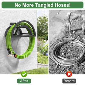 OLV outdoor hose holder mounted on brick wall for front yard and garden use.