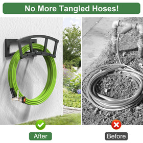 OLV wall-mounted hose holder fits brick, wood, or cement walls.