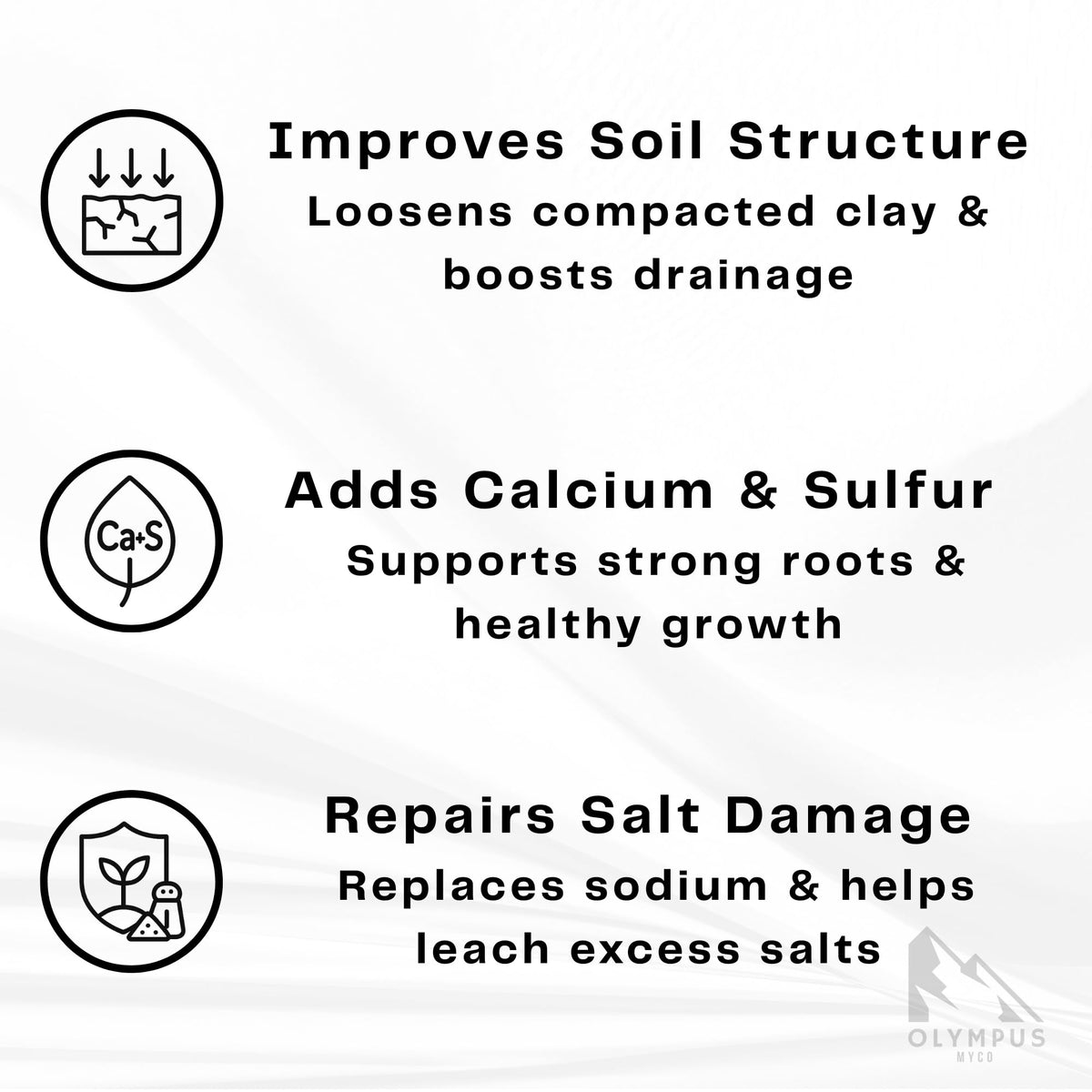Olympus Myco gypsum powder in lawn mix improves texture and reduces clumping.