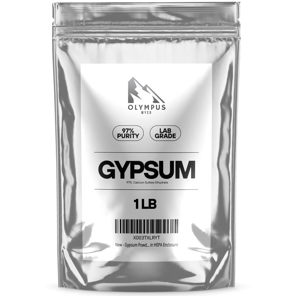 Olympus Myco gypsum powder packaging shows purity and easy soil amendment