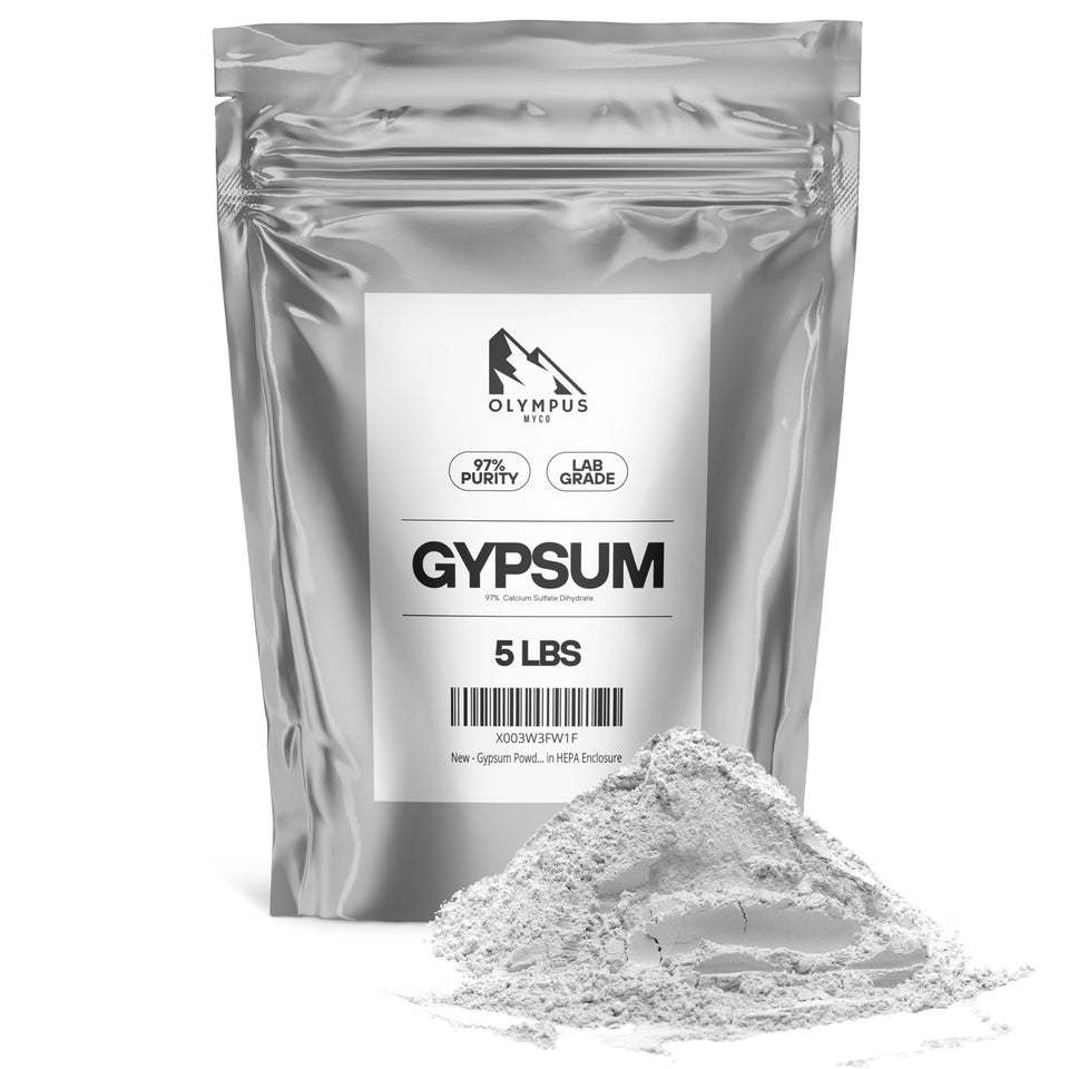 Olympus Myco gypsum powder packaging closeup for soil conditioning.