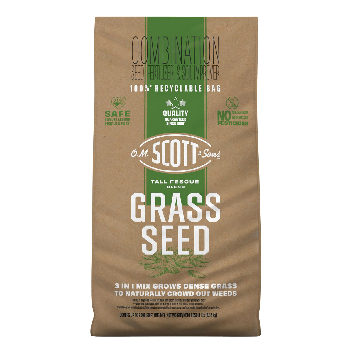 O.M. Scott & Sons Tall Fescue seed bag closeup demonstrates dense, weed-resistant lawn potential.