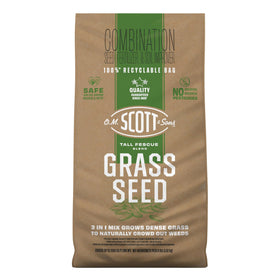 O.M. Scott & Sons Tall Fescue seed bag closeup demonstrates dense, weed-resistant lawn potential.