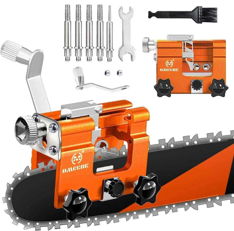 OMCCHK chainsaw sharpener jig kit setup demonstrates wide 4-22 inch compatibility for home use