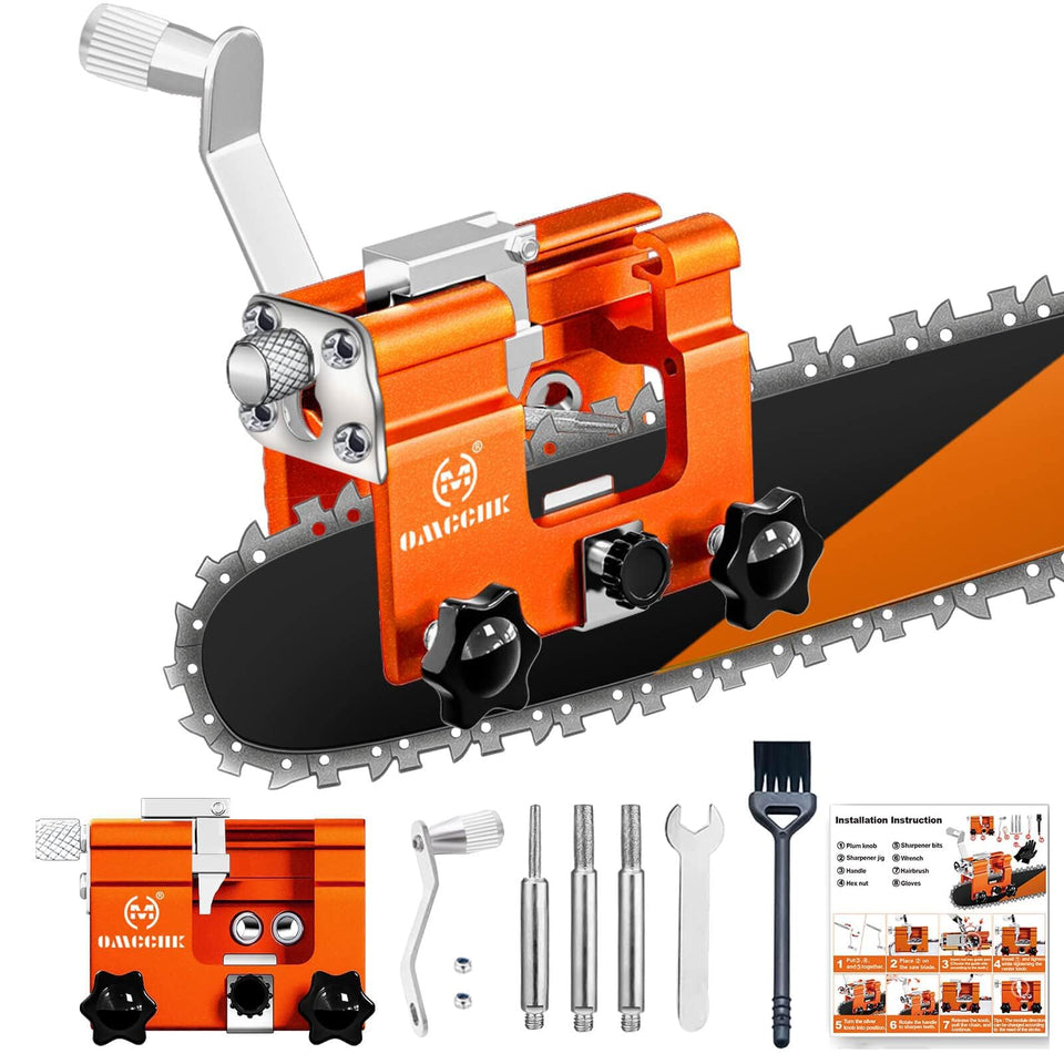 OMCCHK chainsaw sharpener jig kit shown for precise sharpening in the field.