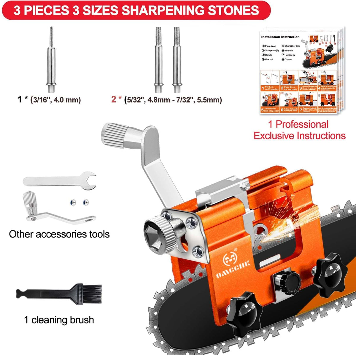 OMCCHK portable chainsaw sharpener in use for quick on-site edge restoration.