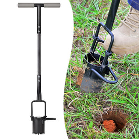 Omesata sod plugger with long handle and serrated base for easy planting.