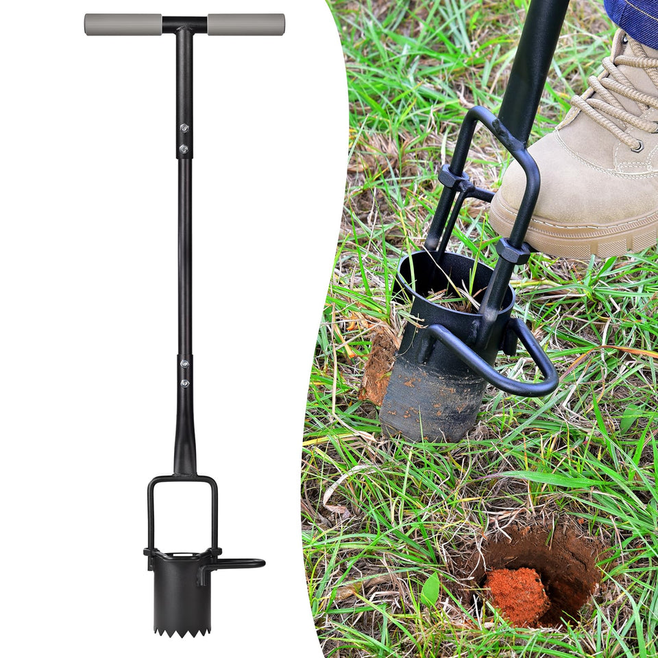 Omesata sod plugger with long handle and serrated base for easy planting.