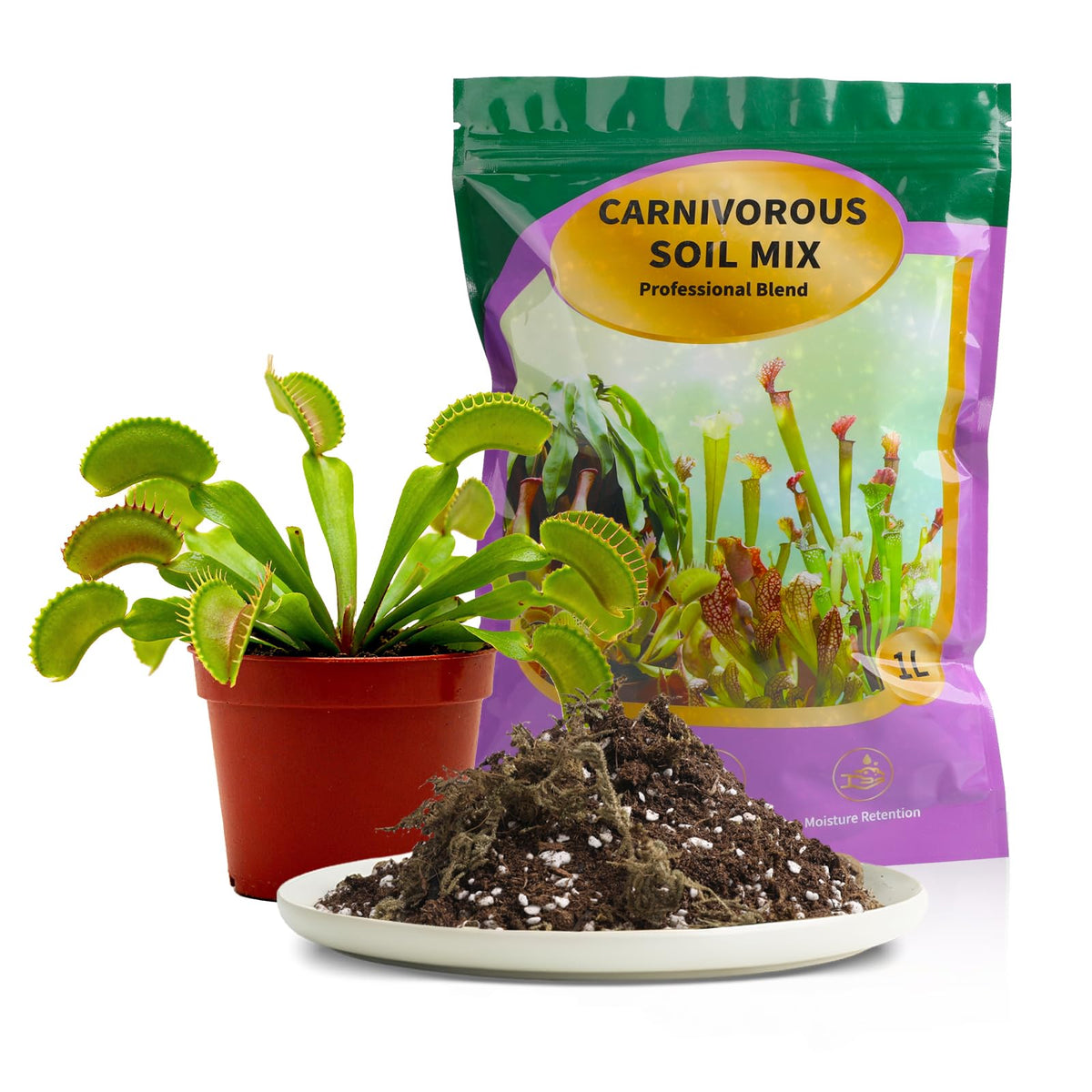 Omitgoter Premium Carnivorous Soil bottle closeup showing airy texture and quality mix