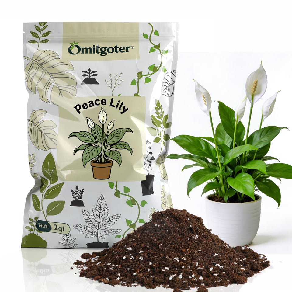 Omitgoter packaging for premium peace lily soil ready for indoor planting.