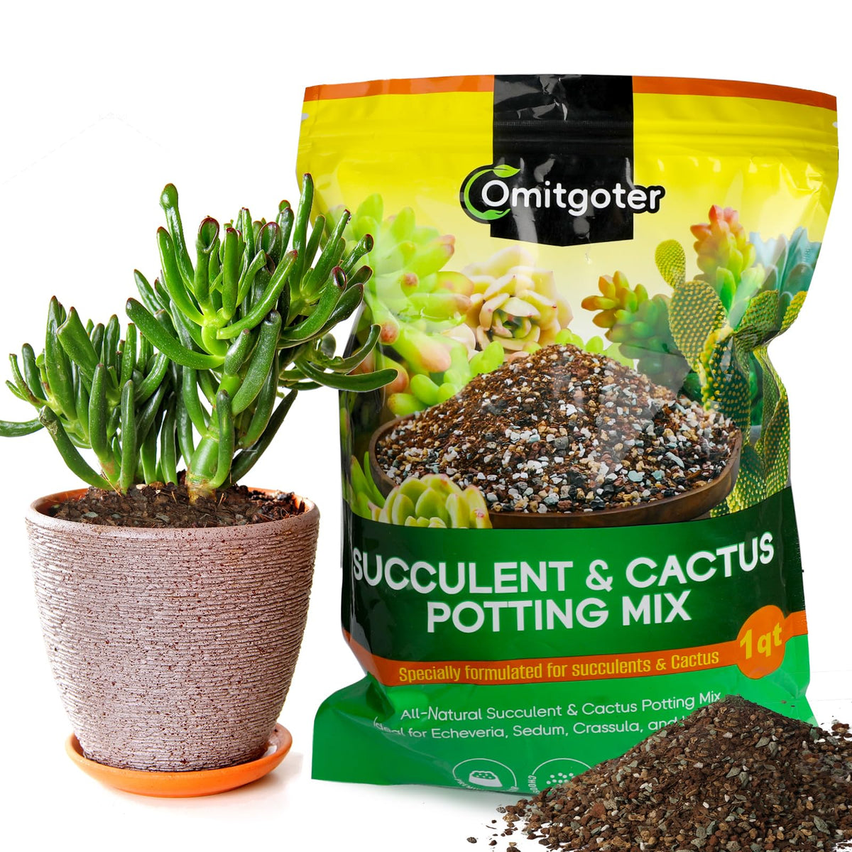 Omitgoter succulent soil mix 1qt bag front — resealable for quick, mess-free use