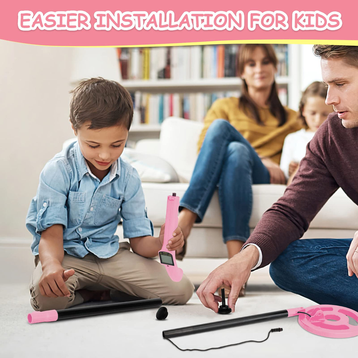 OMMO Kids Metal Detector easy-assembly setup with included 9V battery and accessories.