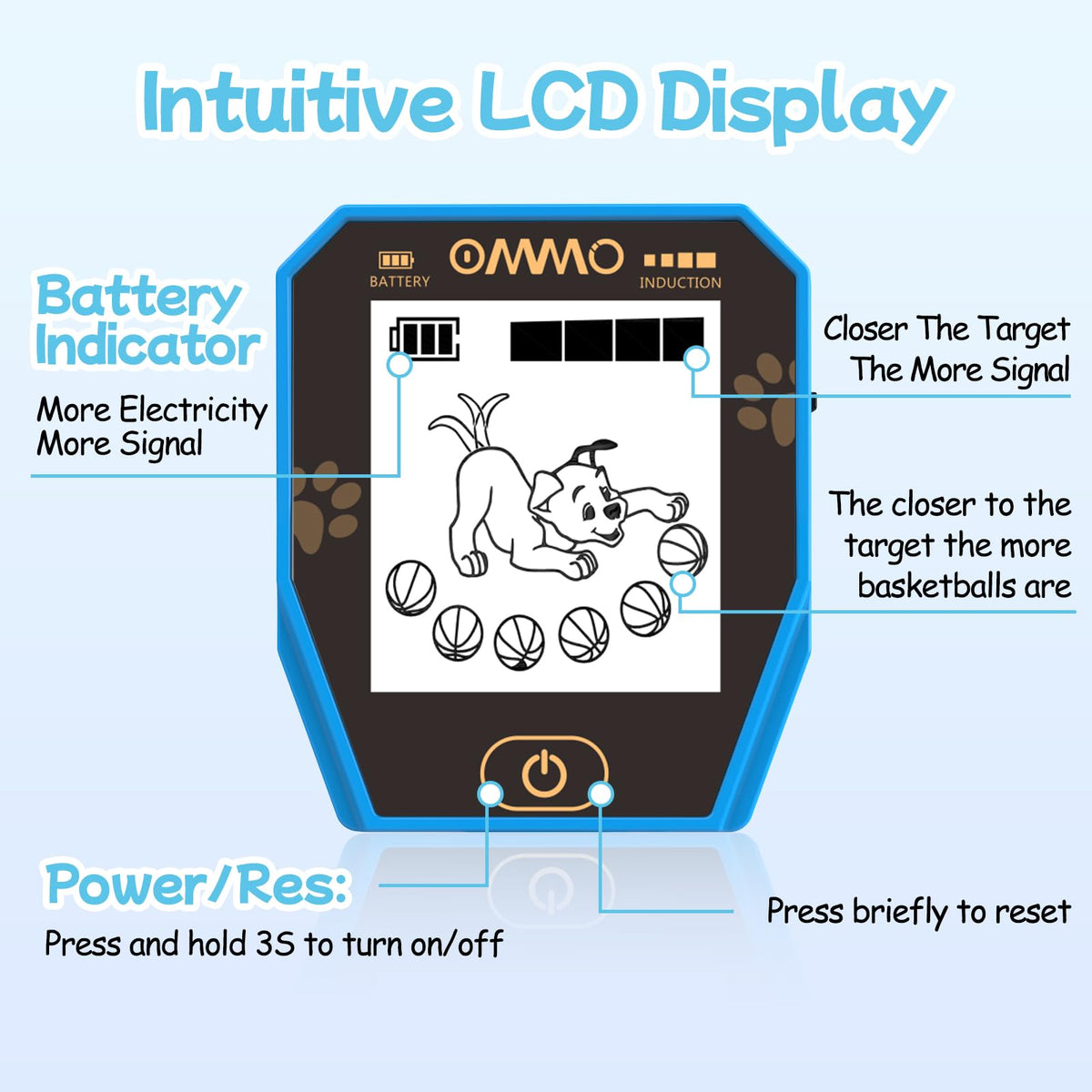 OMMO kids metal detector LCD display shows playful puppy animation.
