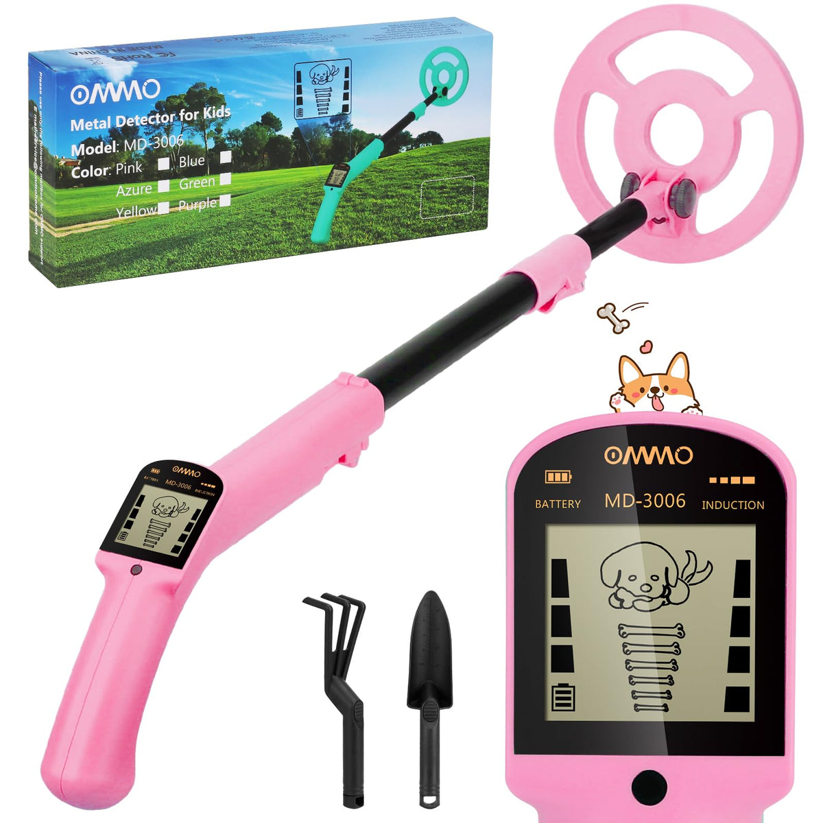 OMMO Kids Metal Detector with animated puppy display for engaging junior explorers on outdoor adventures.