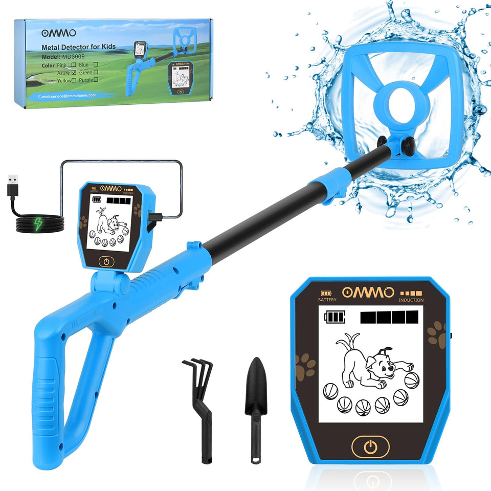 OMMO kids metal detector with rechargeable battery for long outdoor treasure hunts.