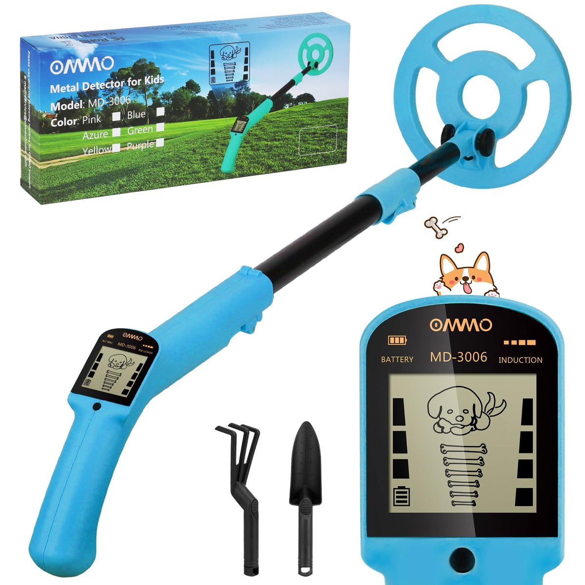 OMMO kids metal detector with LCD display showing friendly puppy animation for engaging exploration.