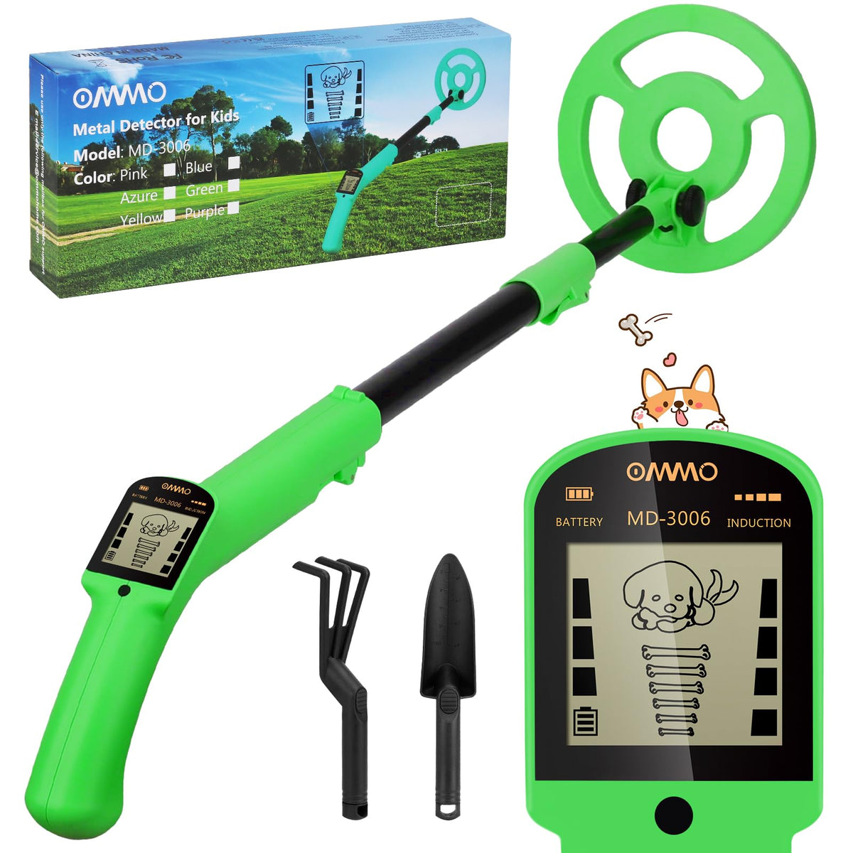 OMMO metal detector with puppy LCD display guides kids through treasure hunts.
